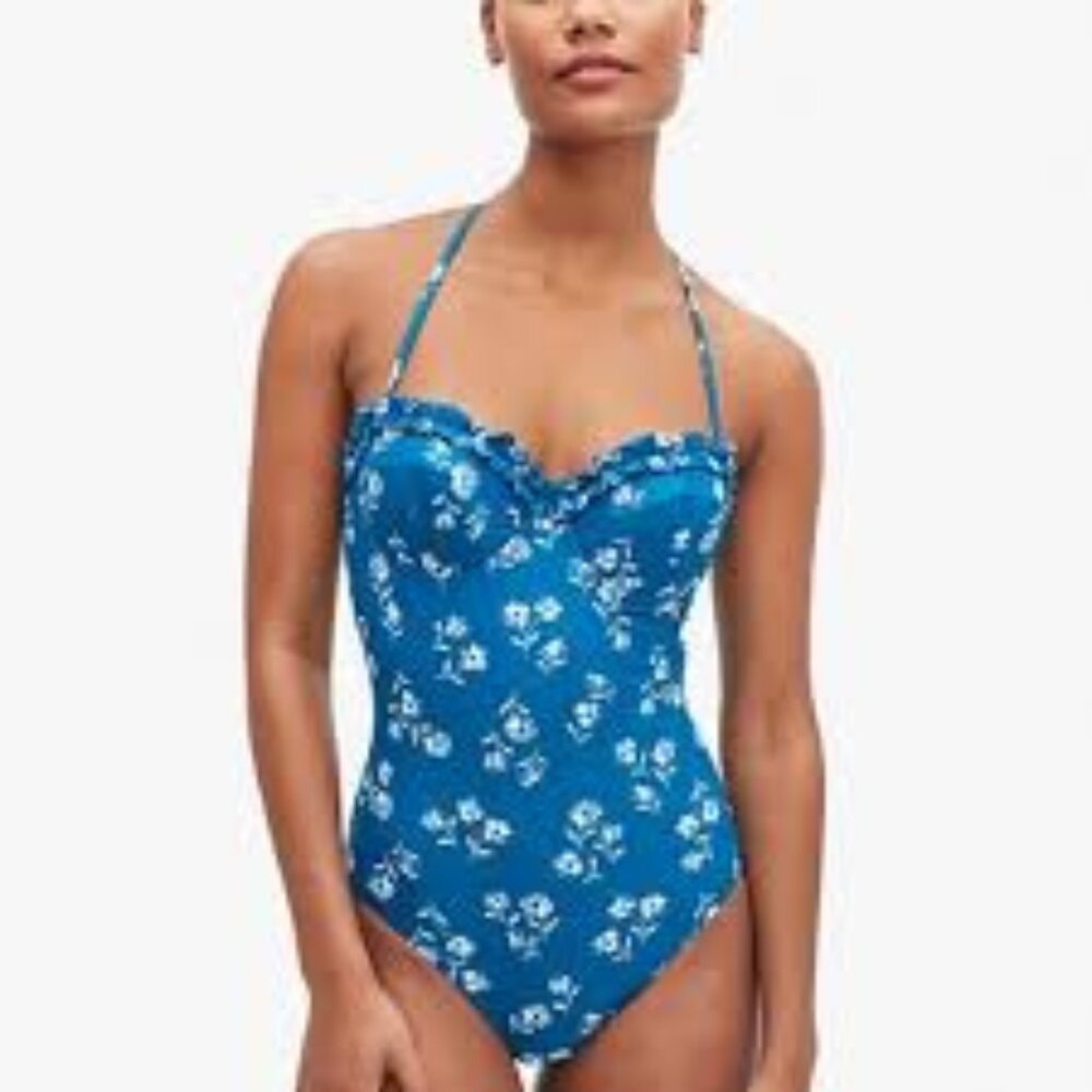 Kate Spade Dandelion Mini Ruffle Underwire Macaw Blue Bandeau Swimsuit